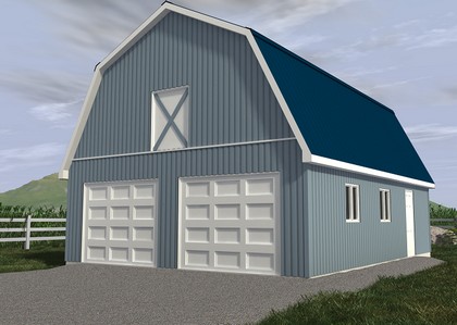 Bâtiment de ferme avec 2 portes de garage. 